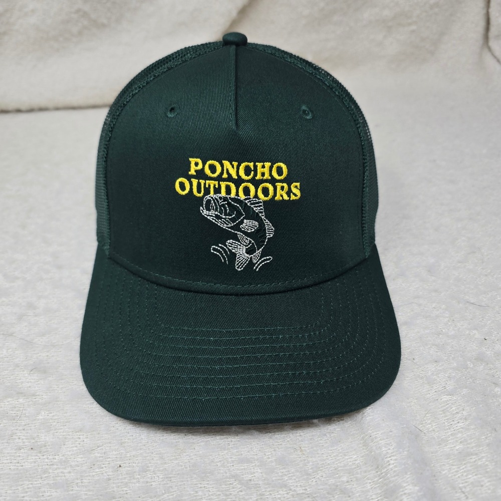 Poncho Outdoors Trucker Hat Mens Green Bass Fish Embroidered Snapback Cap NEW